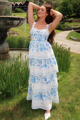 Floral Print Tiered Hem Vacation Sleeveless Maxi Dresses-Blue Pre Order